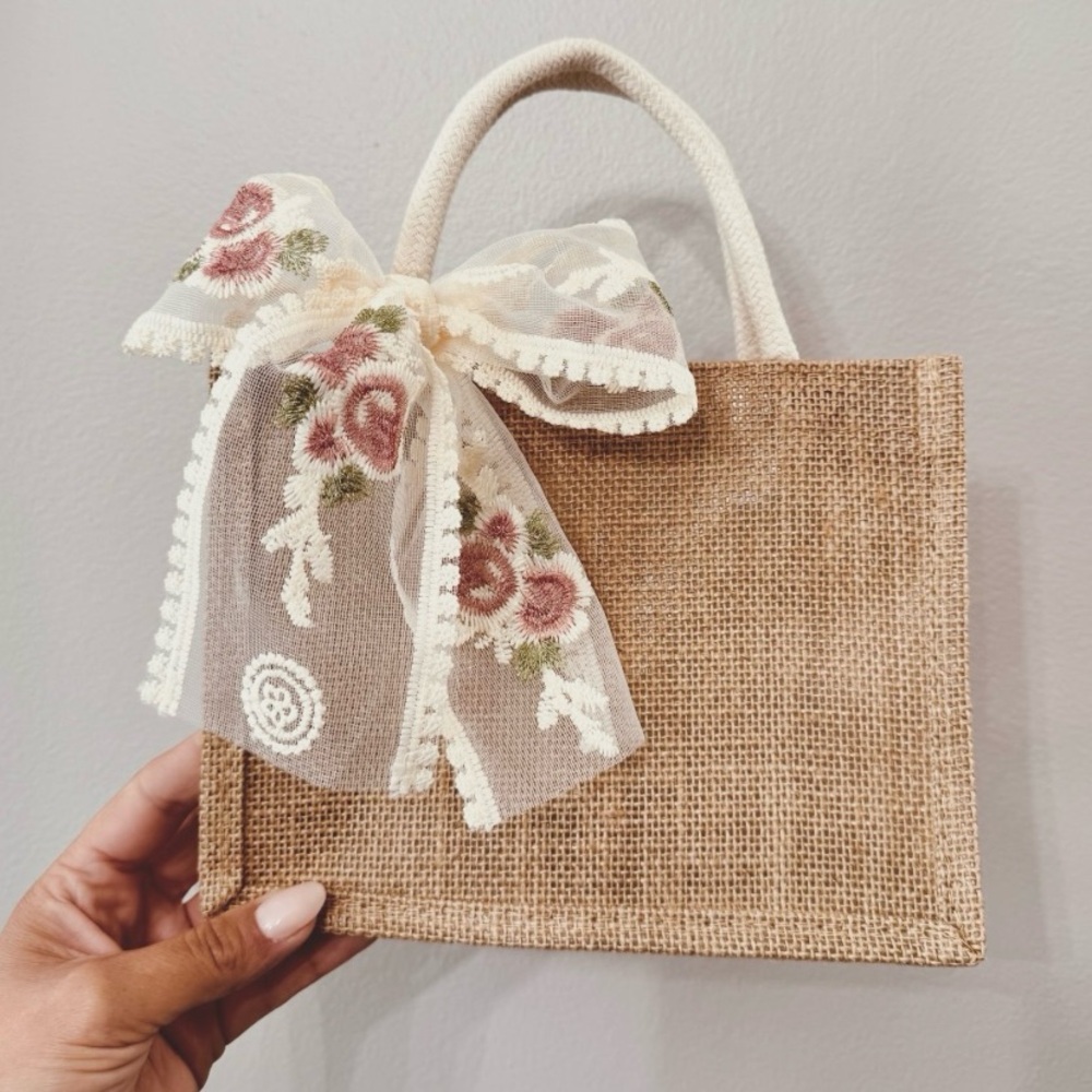 Tan Tote Bag with Floral Bow